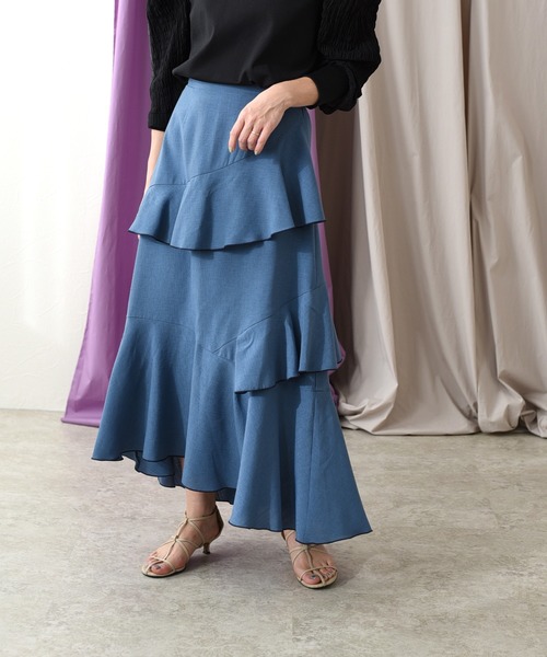 Eimee Law（エイミーロウ）の「メロウデザインリネンライクSK（スカート・レディース・チャコールグレー/ベージュ/ブルー・38）」の4枚目の写真