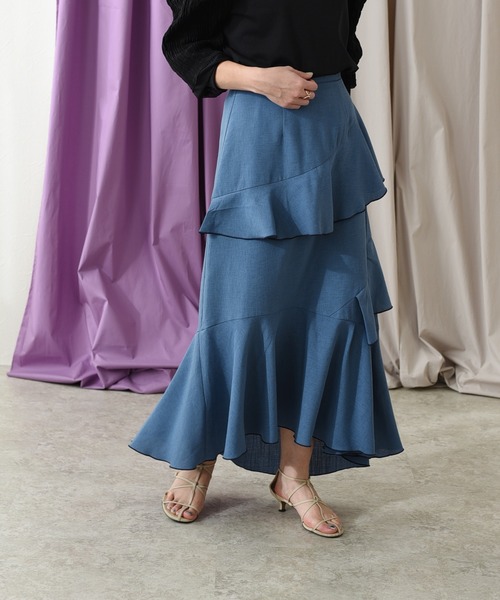 Eimee Law（エイミーロウ）の「メロウデザインリネンライクSK（スカート・レディース・チャコールグレー/ベージュ/ブルー・38）」の5枚目の写真
