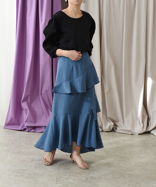 Eimee Law（エイミーロウ）の「メロウデザインリネンライクSK（スカート・レディース・チャコールグレー/ベージュ/ブルー・38）」の7枚目の写真