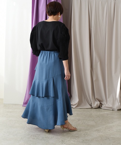 Eimee Law（エイミーロウ）の「メロウデザインリネンライクSK（スカート・レディース・チャコールグレー/ベージュ/ブルー・38）」の9枚目の写真