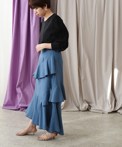 Eimee Law（エイミーロウ）の「メロウデザインリネンライクSK（スカート・レディース・チャコールグレー/ベージュ/ブルー・38）」の8枚目の写真