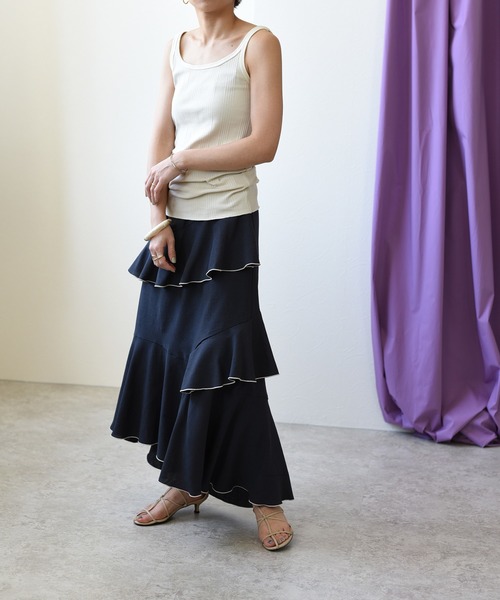 Eimee Law（エイミーロウ）の「メロウデザインリネンライクSK（スカート・レディース・チャコールグレー/ベージュ/ブルー・38）」の21枚目の写真