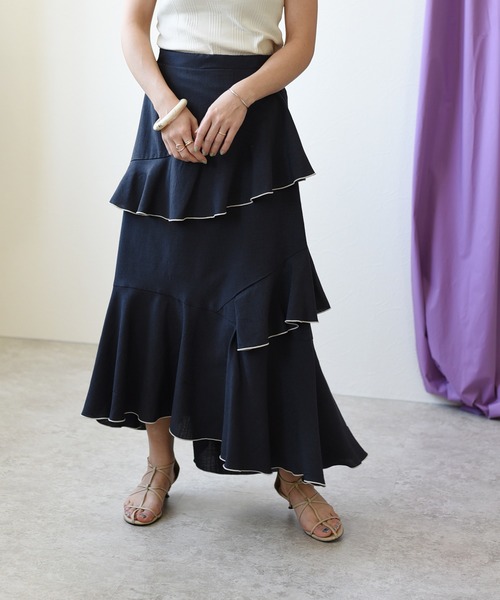 Eimee Law（エイミーロウ）の「メロウデザインリネンライクSK（スカート・レディース・チャコールグレー/ベージュ/ブルー・38）」の16枚目の写真