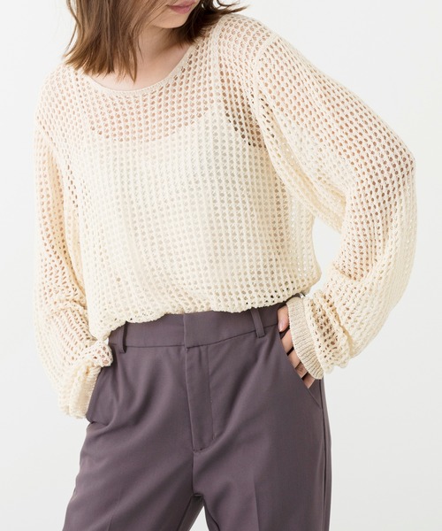 Ambre Neige（アンブルネージュ）の「透かし編みニットトップス／シアーニット／メッシュニット／【WEB/EC限定商品】（ニット/セーター・レディース・アイボリー/ダークブラウン・FREE）」の2枚目の写真