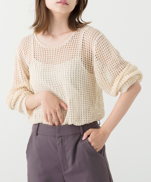 Ambre Neige（アンブルネージュ）の「透かし編みニットトップス／シアーニット／メッシュニット／【WEB/EC限定商品】（ニット/セーター・レディース・アイボリー/ダークブラウン・FREE）」の3枚目の写真