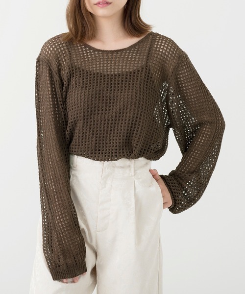 Ambre Neige（アンブルネージュ）の「透かし編みニットトップス／シアーニット／メッシュニット／【WEB/EC限定商品】（ニット/セーター・レディース・アイボリー/ダークブラウン・FREE）」の7枚目の写真