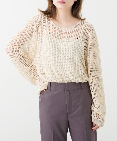 Ambre Neige（アンブルネージュ）の「透かし編みニットトップス／シアーニット／メッシュニット／【WEB/EC限定商品】（ニット/セーター・レディース・アイボリー/ダークブラウン・FREE）」の4枚目の写真