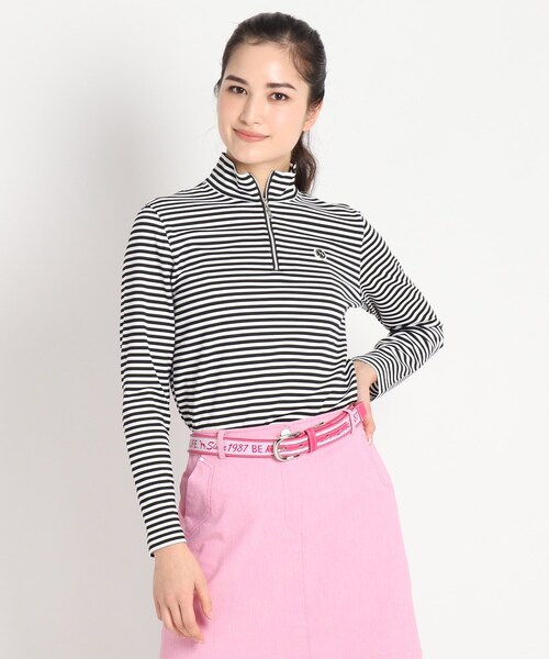 adabat(アダバット)の「◆【吸水速乾/UVカット】adabatミラノリブ ハーフジップ長袖ボーダー(Tシャツ/カットソー・レディース・イエロー系その他3/ブラック系/ピンク系9・40/38/42/36)」の2枚目の写真
