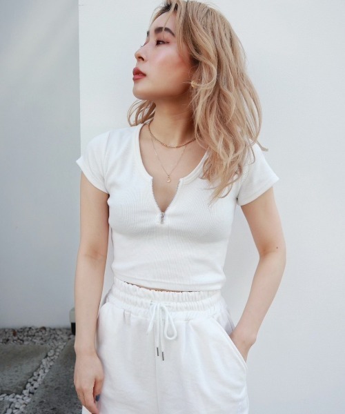 FIG&VIPER(フィグアンドバイパー)の「リブZIPショートT(Tシャツ/カットソー・レディース・ホワイト/ブラック/グレー/ブルー/ライトパープル/ピンク・FREE)」の7枚目の写真