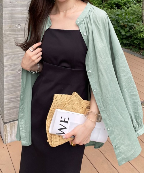 セール】薄手コットン長袖バンドカラーシャツブラウス（シャツ