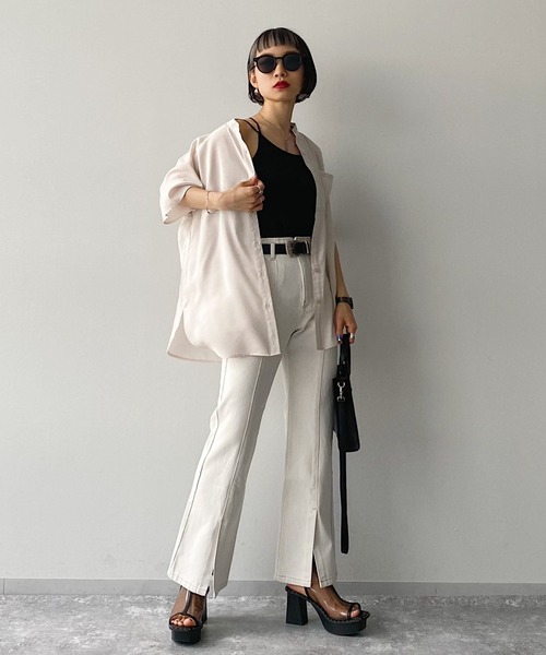 PAGEBOY(ページボーイ)の「バンドカラーショートスリーブシャツ(シャツ/ブラウス・レディース・ブラック/オフホワイト/ブラウン系その他/グレイッシュベージュ・FREE)」の14枚目の写真