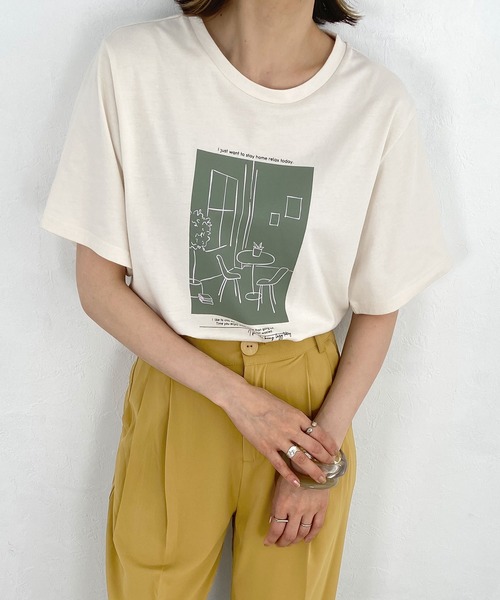 ANDJ(アンドジェイ)の「版画プリントTシャツ(Tシャツ/カットソー・レディース・オフホワイト/ベージュ系その他/チャコール・M)」の3枚目の写真