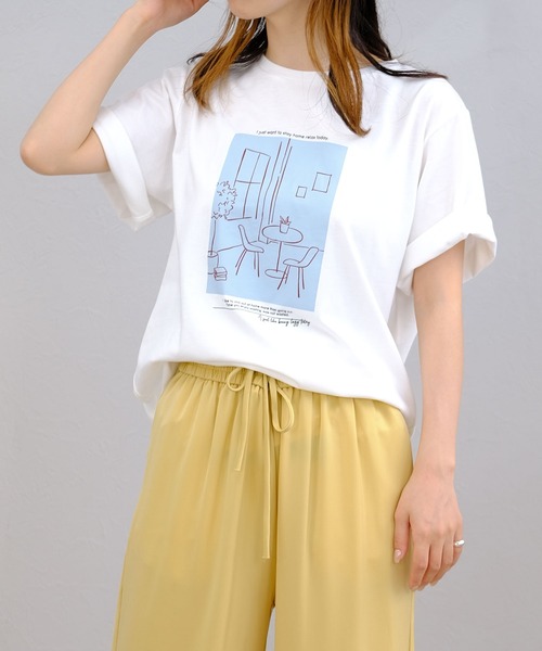 ANDJ(アンドジェイ)の「版画プリントTシャツ(Tシャツ/カットソー・レディース・オフホワイト/ベージュ系その他/チャコール・M)」の4枚目の写真