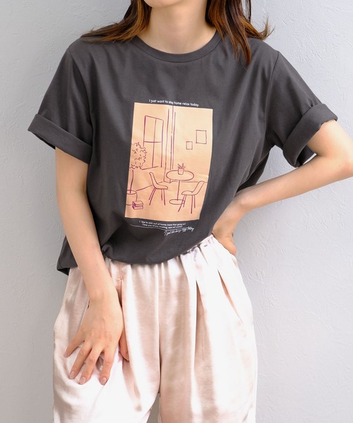 ANDJ(アンドジェイ)の「版画プリントTシャツ(Tシャツ/カットソー・レディース・オフホワイト/ベージュ系その他/チャコール・M)」の14枚目の写真