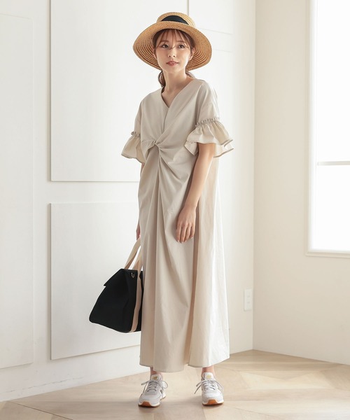 ボールジィ リネン コットン ワンピース ベルト ベージュ 34 Ballsey - 美品 Ballsey リネンコットンムーブ Vネック