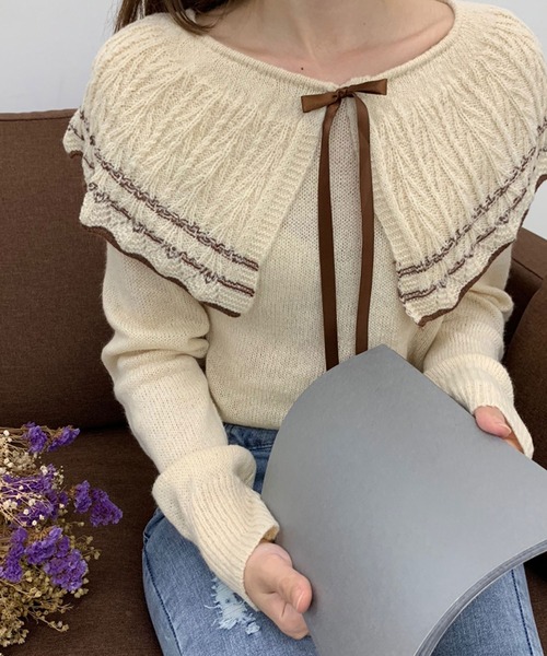 Twinkle;pm(トゥインクルピーエム)の「リボン付ケープカラーニットトップス(ニット/セーター・レディース・ブラック/ベージュ・FREE)」の1枚目の写真