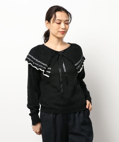 Twinkle;pm(トゥインクルピーエム)の「リボン付ケープカラーニットトップス(ニット/セーター・レディース・ブラック/ベージュ・FREE)」の11枚目の写真