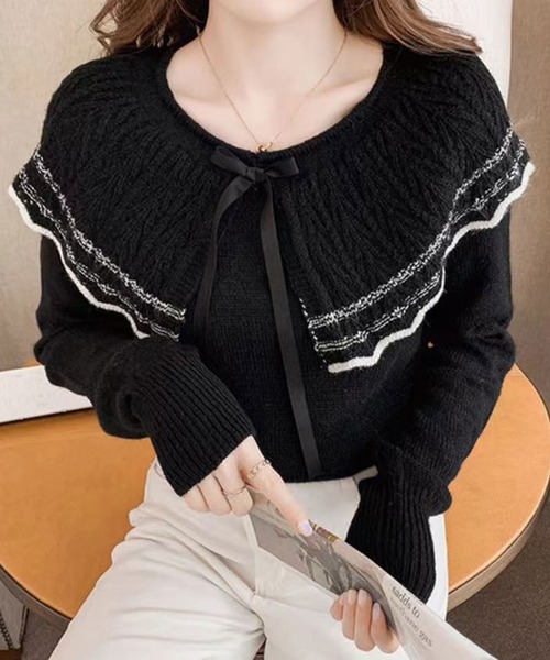 Twinkle;pm(トゥインクルピーエム)の「リボン付ケープカラーニットトップス(ニット/セーター・レディース・ブラック/ベージュ・FREE)」の10枚目の写真