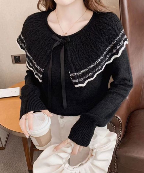 Twinkle;pm(トゥインクルピーエム)の「リボン付ケープカラーニットトップス(ニット/セーター・レディース・ブラック/ベージュ・FREE)」の9枚目の写真