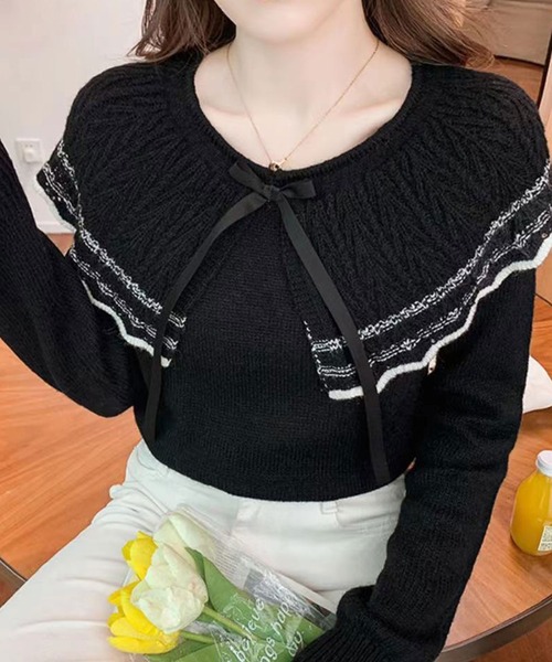 Twinkle;pm(トゥインクルピーエム)の「リボン付ケープカラーニットトップス(ニット/セーター・レディース・ブラック/ベージュ・FREE)」の4枚目の写真