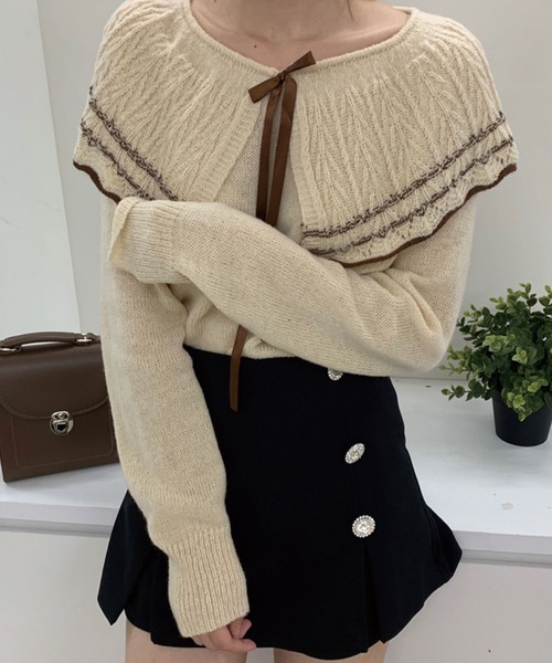 Twinkle;pm(トゥインクルピーエム)の「リボン付ケープカラーニットトップス(ニット/セーター・レディース・ブラック/ベージュ・FREE)」の18枚目の写真