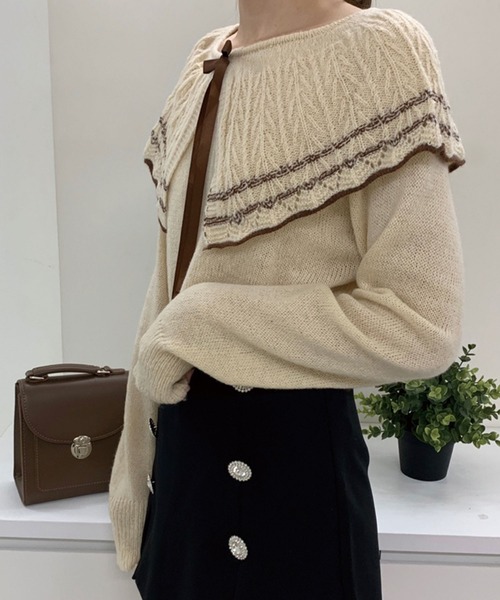 Twinkle;pm(トゥインクルピーエム)の「リボン付ケープカラーニットトップス(ニット/セーター・レディース・ブラック/ベージュ・FREE)」の17枚目の写真