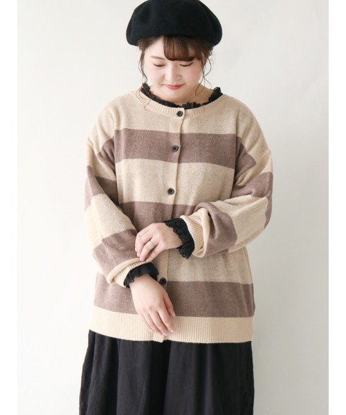 Samansa Mos2（サマンサ モスモス）の「ワイドボーダー前後着ゆるカーディガン（カーディガン/ボレロ・レディース・グレー/ブラウン/ベージュ・ﾌﾘ-）」の3枚目の写真