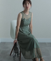 編み上げストライプ パーティー ドレス 大きいサイズ ノースリーブ&ミモレ丈 結婚式 フォーマル オケージョンドレス お呼ばれ 二次会 成人式