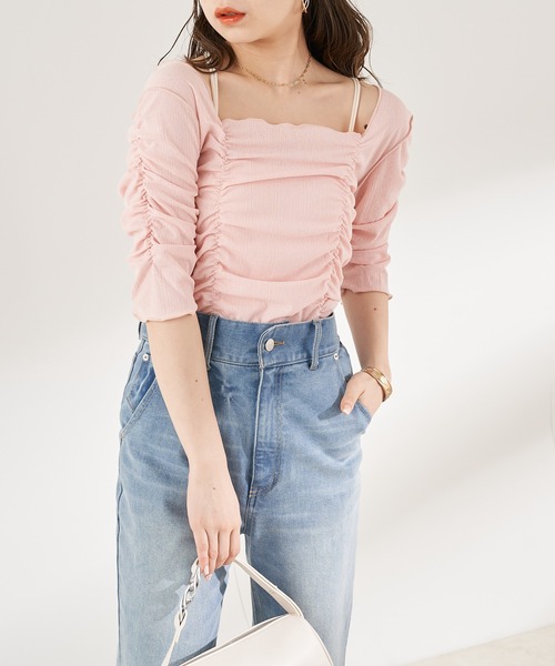 セール】5分袖シアーギャザーメロウトップス（Tシャツ