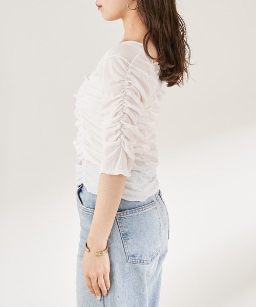 セール】5分袖シアーギャザーメロウトップス（Tシャツ