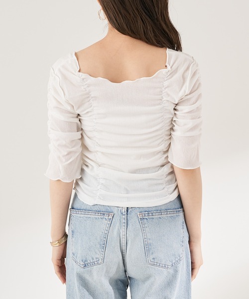 セール】5分袖シアーギャザーメロウトップス（Tシャツ/カットソー