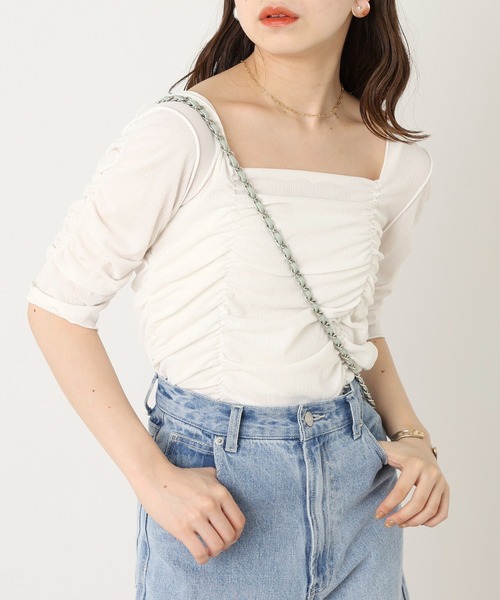 セール】5分袖シアーギャザーメロウトップス（Tシャツ/カットソー