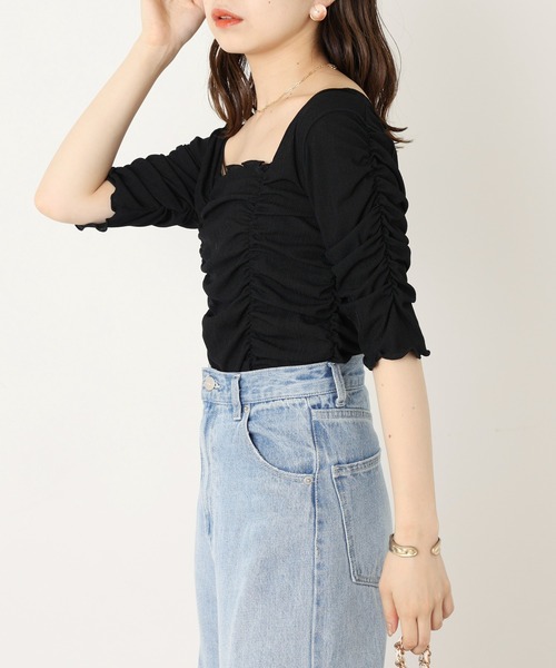 トップス Chiho セール】5分袖シアーギャザーメロウトップス（Tシャツ