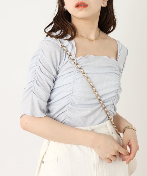 セール】5分袖シアーギャザーメロウトップス（Tシャツ