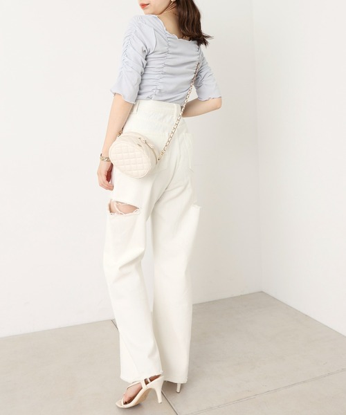 セール】5分袖シアーギャザーメロウトップス（Tシャツ