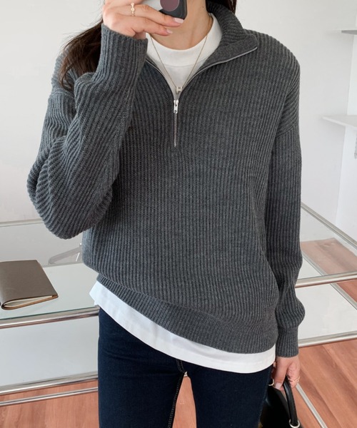 ABITOKYO（アビトーキョー）の「ハーフジップハイネックニットプルオーバー（ニット/セーター・レディース・ブラック/ベージュ/ネイビー/ピンク/イエロー/ブルーグレー/チャコールグレー・FREE）」の17枚目の写真