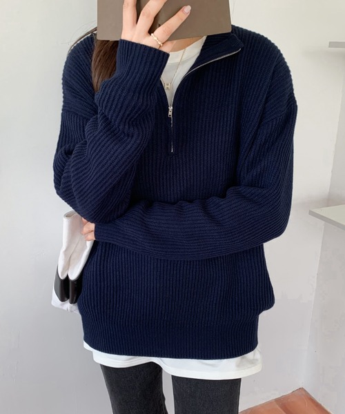 ABITOKYO（アビトーキョー）の「ハーフジップハイネックニットプルオーバー（ニット/セーター・レディース・ブラック/ベージュ/ネイビー/ピンク/イエロー/ブルーグレー/チャコールグレー・FREE）」の8枚目の写真