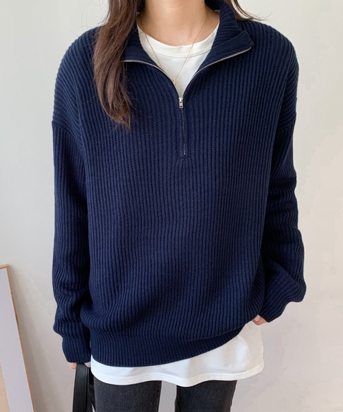 ABITOKYO（アビトーキョー）の「ハーフジップハイネックニットプルオーバー（ニット/セーター・レディース・ブラック/ベージュ/ネイビー/ピンク/イエロー/ブルーグレー/チャコールグレー・FREE）」の9枚目の写真
