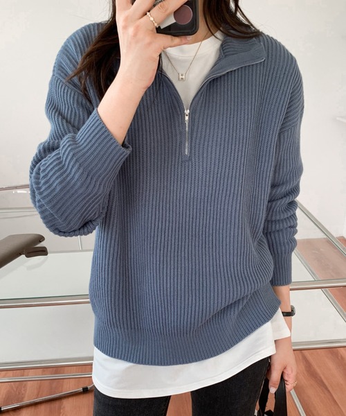 ABITOKYO（アビトーキョー）の「ハーフジップハイネックニットプルオーバー（ニット/セーター・レディース・ブラック/ベージュ/ネイビー/ピンク/イエロー/ブルーグレー/チャコールグレー・FREE）」の14枚目の写真