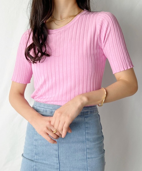 H.Warren(エイチウォーレン)の「クルーネックサマーリブ5部袖カットソー(Tシャツ/カットソー・レディース・ホワイト/ブラック/ピンク/ブルー/グリーン・FREE)」の5枚目の写真