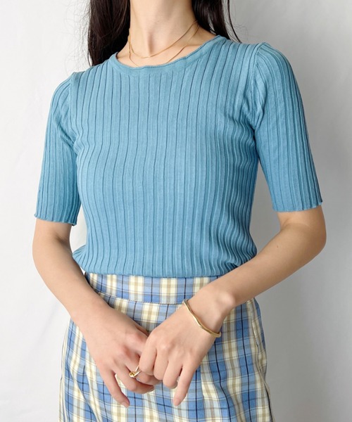 H.Warren(エイチウォーレン)の「クルーネックサマーリブ5部袖カットソー(Tシャツ/カットソー・レディース・ホワイト/ブラック/ピンク/ブルー/グリーン・FREE)」の4枚目の写真