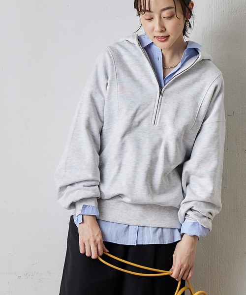 Green　Parks（グリーンパークス）の「ハーフZIP裏毛パーカーチュニック（パーカー・レディース・ブラック/ライトグレー系2/ダークグリーン・FREE）」の3枚目の写真