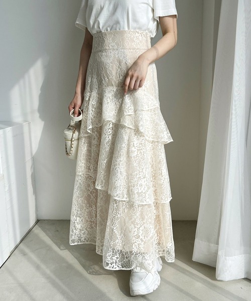 one after another NICE CLAUP（ワンアフターアナザーナイスクラップ）の「ティアードロングスカート（スカート・レディース・オフホワイト/ホワイト系その他/ベージュ/モカ・FREE）」の4枚目の写真