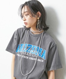 ＜大きいサイズ＞綿100％リメイク風ロゴプリントピグメントTシャツ シックスタイル