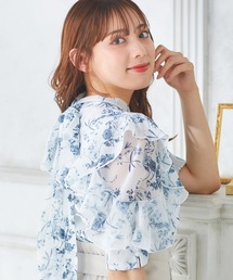 袖フリル花柄シアー5分袖／ブラウス