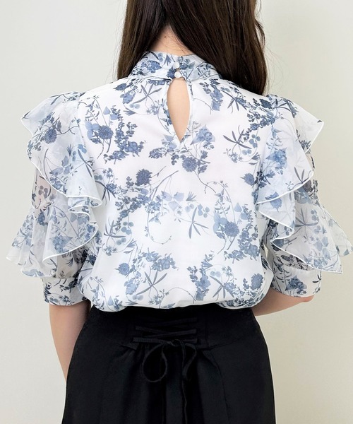 INGNI（イング）の「袖フリル花柄シアー5分袖／ブラウス（シャツ/ブラウス・レディース・ホワイト×ネイビー/グレー/ブラウン・M）」の10枚目の写真