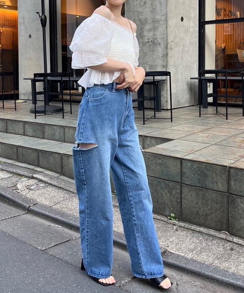 one after another NICE CLAUP（ワンアフターアナザーナイスクラップ）の「オフショルにもなる/シャーリングブラウス（シャツ/ブラウス・レディース・アイボリー/ホワイト×ブラック/ピンク/ラベンダー・FREE）」の5枚目の写真