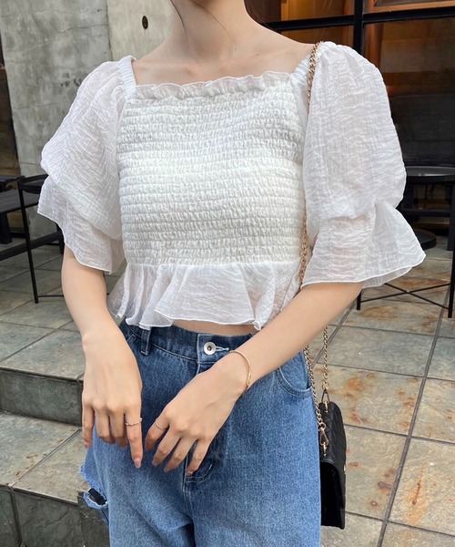 one after another NICE CLAUP（ワンアフターアナザーナイスクラップ）の「オフショルにもなる/シャーリングブラウス（シャツ/ブラウス・レディース・アイボリー/ホワイト×ブラック/ピンク/ラベンダー・FREE）」の8枚目の写真