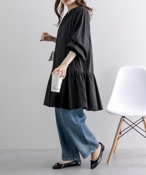 WEB限定】ノーカラーティアードチュニックブラウス（シャツ