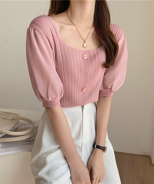 Lilamusant(リラミュゾン)の「★Lilamusant(リラミュゾン)★シアーパフスリーブスクエアネックリブトップス(Tシャツ/カットソー・レディース・ホワイト/ブラック/ピンク/グリーン/アイボリー・FREE)」の12枚目の写真
